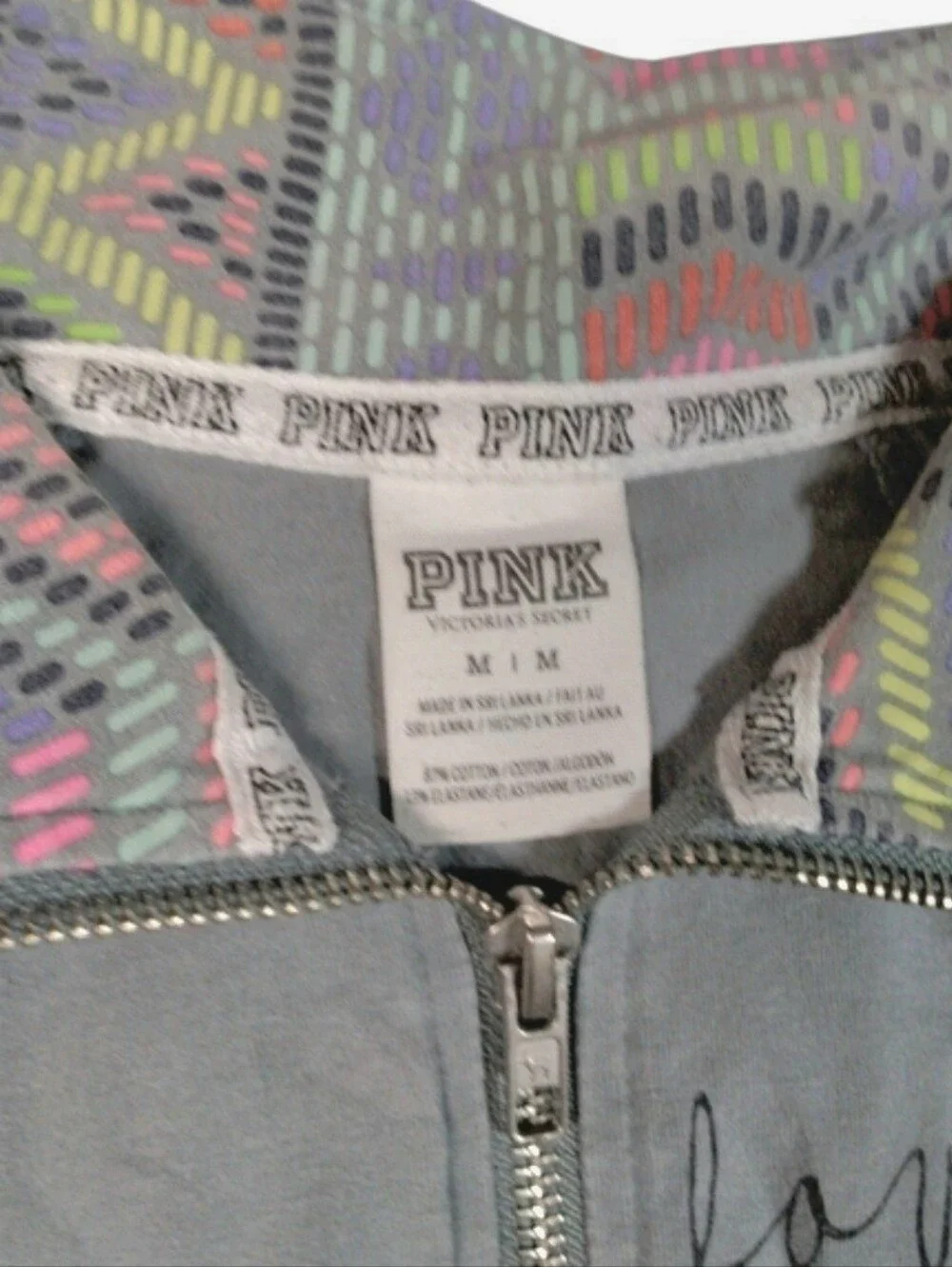 Victoria's Secret PINK Gray Zip-Up Hoodie with Multicolor Accent SIZE M
